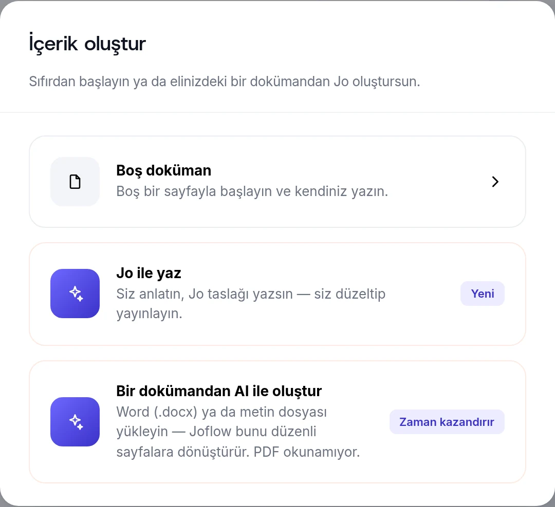 İçerik oluştur penceresi: boş doküman, Jo ile yaz ya da bir dokümandan AI ile oluştur