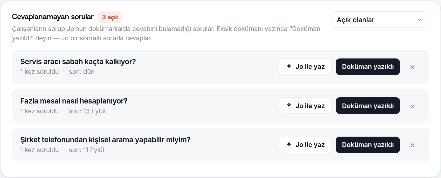 Jo Analiz: cevaplanamayan sorular listesi, her biri için Jo ile yaz ve Doküman yazıldı düğmeleri